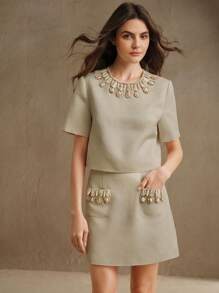 Anewsta 2 pezzi/set Top a maniche corte con collo rotondo ed elegante minigonna in stile urbano, con ricami di perline fatti a mano, completo primavera/estate per donne