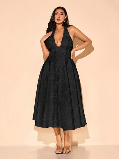 SHEIN BAE 大码女式花卉提花深 V 领优雅露背连衣裙，适合生日派对、婚礼、伴娘、鸡尾酒会、晚礼服