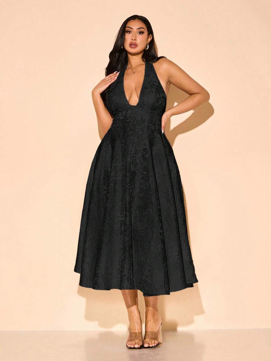 SHEIN BAE Vestido elegante de mujer talla grande con cuello en V profundo y estampado floral jacquard, para fiesta de cumpleaños, boda, dama de honor, cóctel, vestido de noche