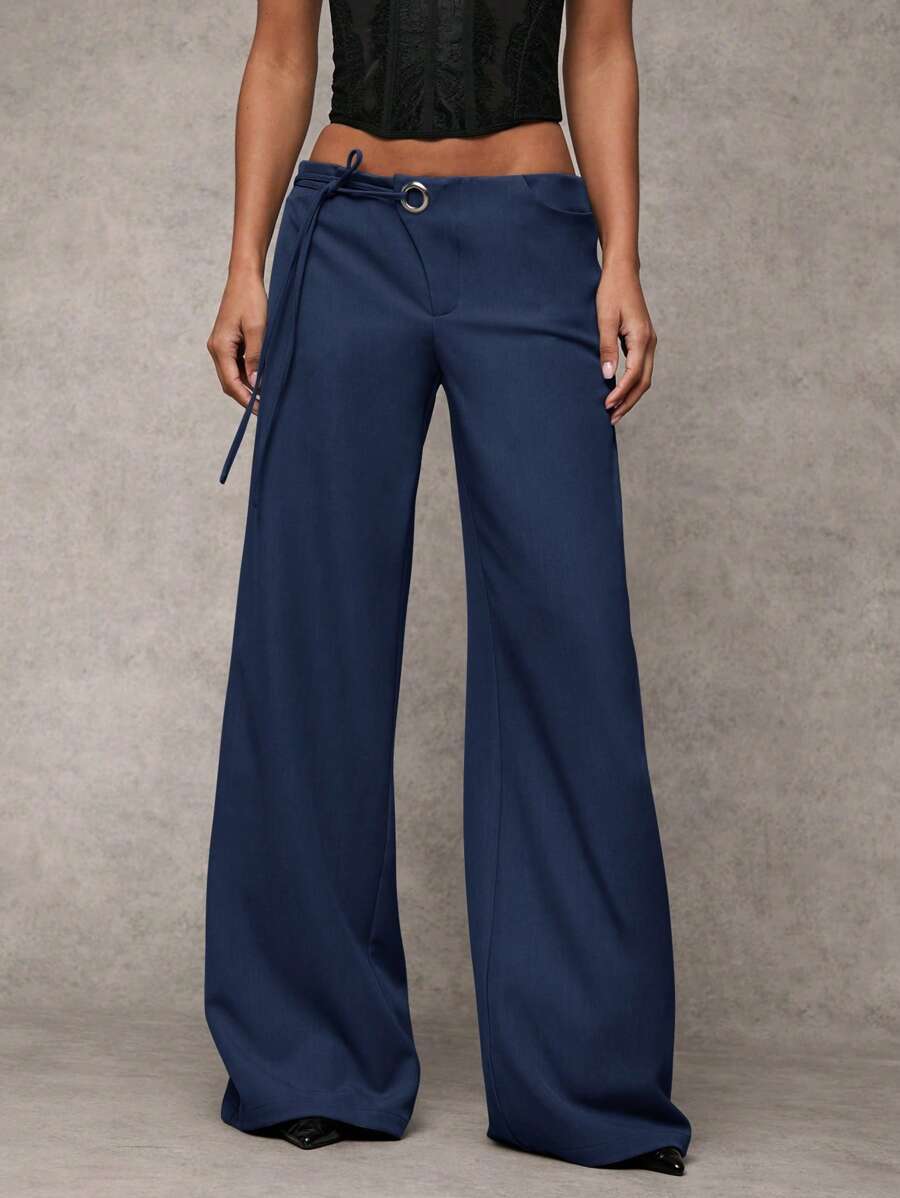 SHEIN BAE Women's Solid Gray Casual, Commuting, Loose Fit Drawstring Waist Wide Leg Relaxed Pants For Daily Wear - Navy Blue - View 1