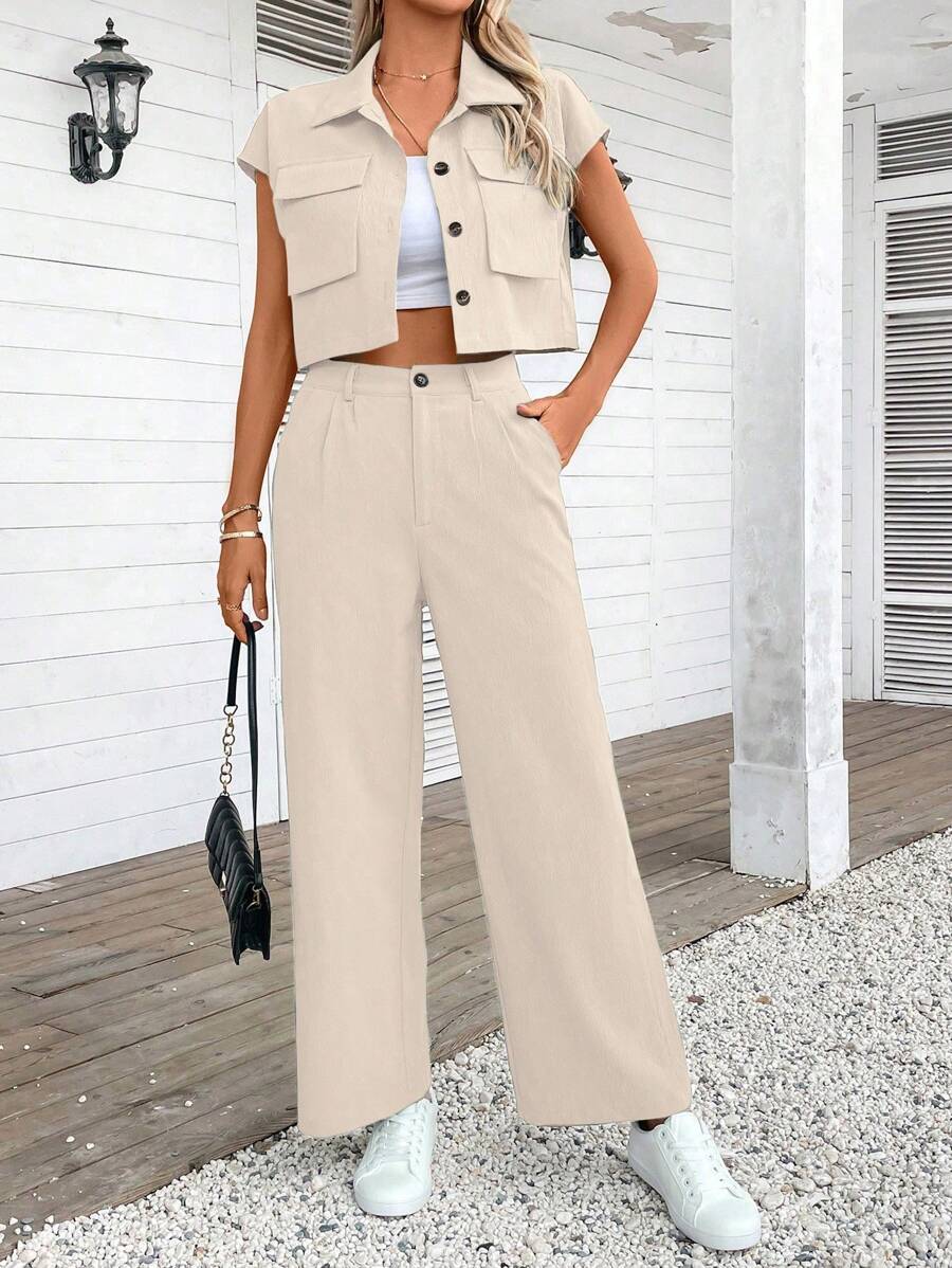 EMERY ROSE 2pcs/Set Women Summer Casual Button Up Shirt And Pants Set - Apricot - View 1