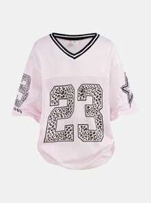 SHEIN Girlism 2pcs/Set Tween Girls Loose Casual Minimalist V-Neck Short Sleeve T-Shirt And Leopard Print Pants - Pink - View 6