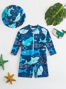 SHEIN Toddler Boys' Swimwear, Adorable Cartoon Print Long Sleeve One-Piece With Sun Hat, Suitable For Summer Vacation, Beach, Surfing, Water Park