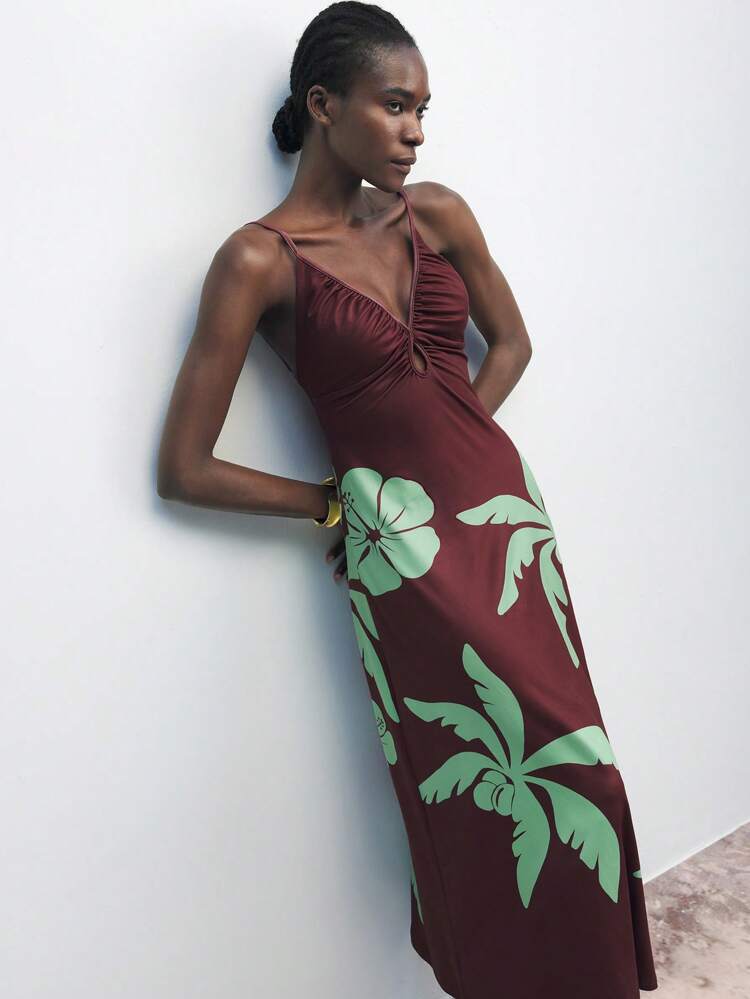 SHEIN Maija 2026 Spring Summer New Tropical Rainforest Palm Tree Print Bohemian Style Long Dress, Suitable For Wedding Guest, Brunch, Airport, Daily Party, Graduation, Casual Occasion, Versatile,Summer Holiday Outfits,Beach Outfit For Women, Floral Dress For Women Elegant Women's Blouses Casual Blouse For Women Formal Attire For Women Office Wear Women Business