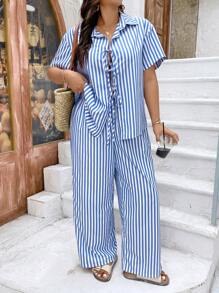 Calvaya Plus Size Women's Striped Short Sleeve Tie Front Shirt And Straight Leg Pants Set, Casual Comfortable Beach Vacation Outfit For Summer, Plus Size