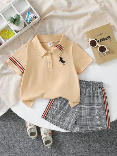 2pcs Summer Outfit For Toddler Boys, Includes: Preppy Polo Shirt With Dinosaur Print And Plaid Pants, Casual School/Academy Styling, Korean Fashion