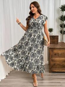 SHEIN LUNE Plus Size Women's Paisley Black And White,Summer,Boho,Elegant,Tea Party Shirred Cap Sleeve Cinched Waist Ruffle Hem Dress Graduation Beach Vacation - Multicolor - View 6