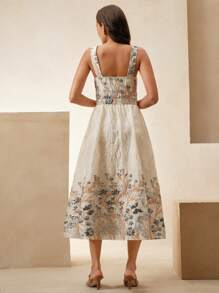 Anewsta Elegant Romantic Floral Print Long Dress, Suitable For Date Night, Vacation, Wedding, Spring/Summer - Grey - View 2