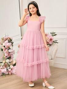 Pitira Pitira Tween Girl Elegant Pink Mesh Ruffle Hem Summer Dress - Pink - View 6