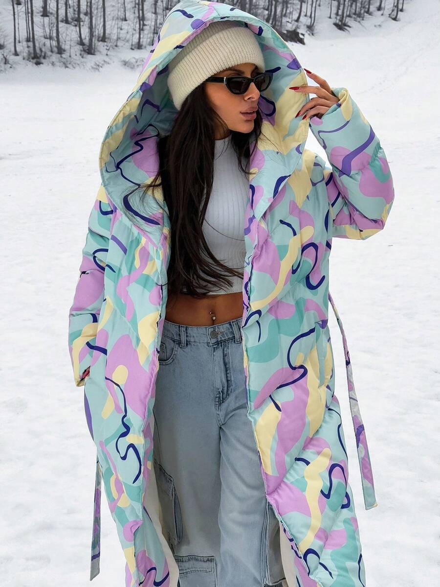 EURMUSE All Over Printed Long Line, Hooded Self Fabric Belted Down Coat