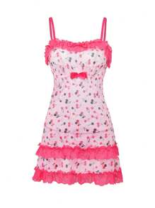 Notgurli 2 piezas Camisón sexy para mujeres con dobladillo con volantes en capas, lazo y decoración de cereza en color contrastante - Rosa - Ver 4