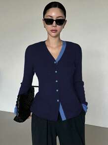 DAZY Women's Color-Block Trim Button-Up V-Neck Cardigan Sweater - Navy Blue - View 3