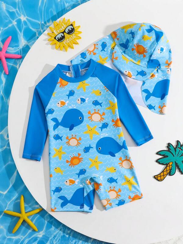 Baby Jungen Badeanzug mit Cartoon Tier Motiv, Kontrast-Farben, Langarm, Einteiler mit zufälligem Muster (beinhaltet Mütze)