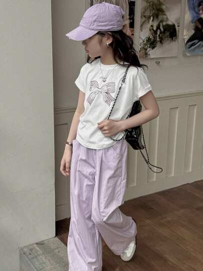 Dazy Kids 女童宽松圆领针织短袖T恤+长裤套装，春夏季，返校服