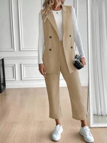 SHEIN Clasi Women's Long Length Vest With Tie Waist, Minimalist Suit Set - Khaki - View 1
