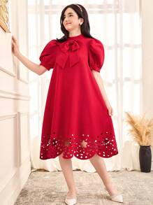 SHEIN 青少年女孩宽松休闲简约立领泡泡袖镂空图案连衣裙 - 紅色 - 查看 5