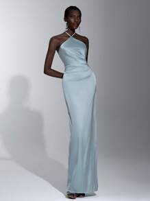 SHEIN Belle 优雅、浪漫、性感蓝色缎面 3D 花卉无袖露肩露背直筒连衣裙，适合生日派对、婚礼活动、伴娘 - 藍色 - 查看 6