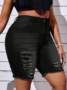 SHEIN SXY Plus Size Distressed Denim Shorts, Fashionable For Summer - Black - View 7