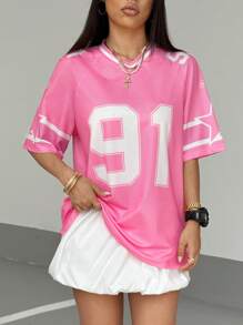 SHEIN Unity Women's Numeric Print Short Sleeve Mesh Colorblock Loose Fit Sports T-Shirt, Spring/Summer Graphic Tees Women Tops - Pink - View 5