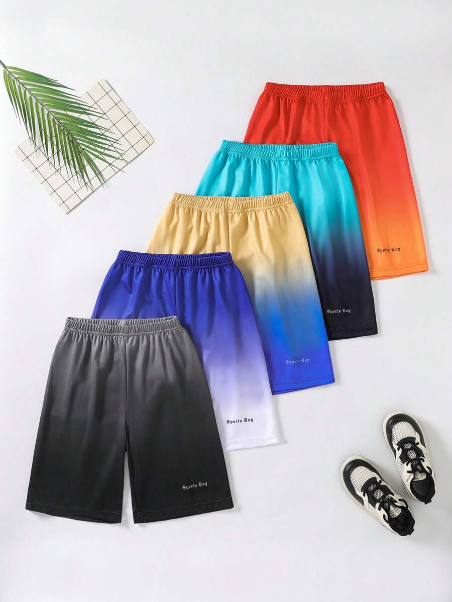 SHEIN 5 件/套 Tween Boy 休闲运动网眼面料渐变色工装短裤，适合夏季日常穿着和户外活动