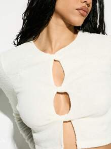 KIZN Twist Front Long Sleeve Crop Top Ultra Soft Ribbed Knit Casual Top With Button Detail Ibiza - White - View 4