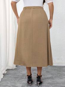 Modelyn Plus Size Casual & Office Wear Solid Color Pleated Patchwork A-Line Skirt - Khaki - View 4