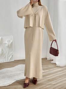 EURMUSE Ensemble deux pièces pour femmes avec robe pull sans manches à col montant et cardigan en maille, ensemble deux pièces beige, ensemble deux pièces crème, ensemble pull deux pièces pour femmes, ensemble coordonné, vêtements d'hiver - Beige - Voir 5