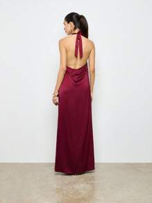 AiiRZ Elegant Halter Neck Satin Maxi Dress With Gold Hardware Detail Evening Gown High Slit Special Occasion Formal Wedding Guest Cocktail Party Floor Length