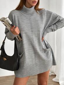 EURMUSE Women's High Neck Dropped Shoulder Long Sleeve Dual Pocket Casual Loose Knit Sweater Dress, Autumn/Winter - Grey - View 5
