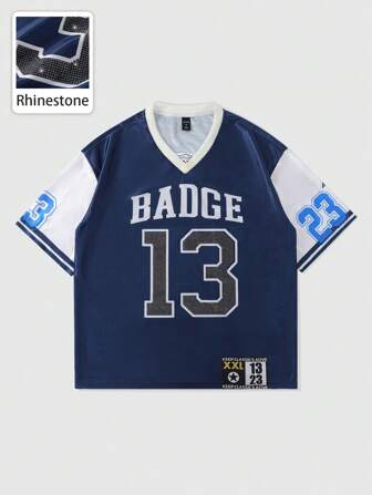 Street Life Camiseta deportiva suelta de hombre con estampado de diamantes de imitación