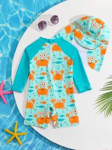 SHEIN GraphicGems Baby Boy Summer Random Crab Print Sleeveless Swimsuit With Cap  Getaway,Holiday,Travel,Relax,Summer,Holiday Baby Swim Wear Baby Boys Clothing Swim Swimsuits For Toddler Swim Suits For Kids Baby Boy Clothes Swim - Multicolor - View 2