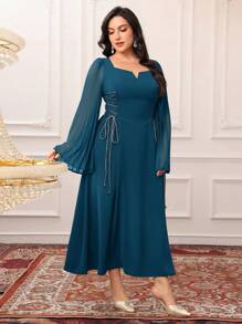 Modelyn Vestido elegante de talla grande para mujer con manga abullonada, plisado y cintura anudada en unicolor