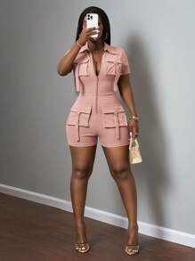 Slaydiva 2025春夏新款休闲街头前拉链工作口袋短袖迷你短款女式紧身衣，卡其色，适合音乐节，复活节，圣帕特里克节，日常外出，派对，毕业季，运动休闲-B