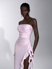 SHEIN Belle Elegant, Romantic, Sexy Pink Knitted Satin Strapless Ruched Bodycon Dress With Ruffle Trim And High Slit, Suitable For Dates, Parties, Bridesmaid