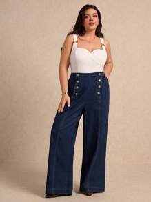 Elaquor Plus Size Women Loose Pockets Wide Leg Casual Jeans, Versatile, Old Money - Dark Wash - View 3