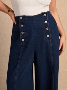 Elaquor Plus Size Women Loose Pockets Wide Leg Casual Jeans, Versatile, Old Money - Dark Wash - View 7