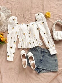 Soleia 方形領向日葵刺繡荷葉邊下擺襯衫