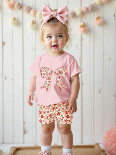 SHEIN Happikins Cute Bohemian Mini Ditsy Floral Bow Design Baby Girl Casual Minimalist Round Neck Short Sleeve Loose T-Shirt And Shorts 2 Pieces Outfit Set, Suitable For Spring/Summer