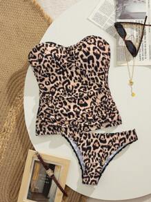 Swim SXY Springbreak Swim Sexy Leopard Print Shirred Design Bandeau Bikini Set, Festival Boho