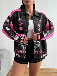 POPSWAY Plus Size Women's Pink Stylish Letter Print Patchwork Drop Shoulder Long Sleeve Jacket Winter Fall Autumn - Hot Pink - View 3