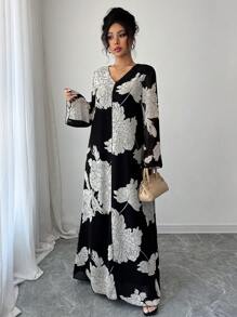 Al Najma 女式 V 领喇叭袖宽松雪纺花卉印花纯色花卉优雅休闲阿拉伯连衣裙 - 黑與白 - 查看 5