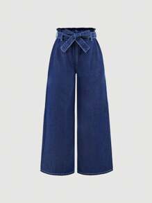 SHEIN Girlism Tween Girls' Summer Boho Ruffle Trim Round Neck Short Sleeve Denim Top With Detachable Belt Baggy Denim Wide Leg Pants Cute Denim Two Pieces Set