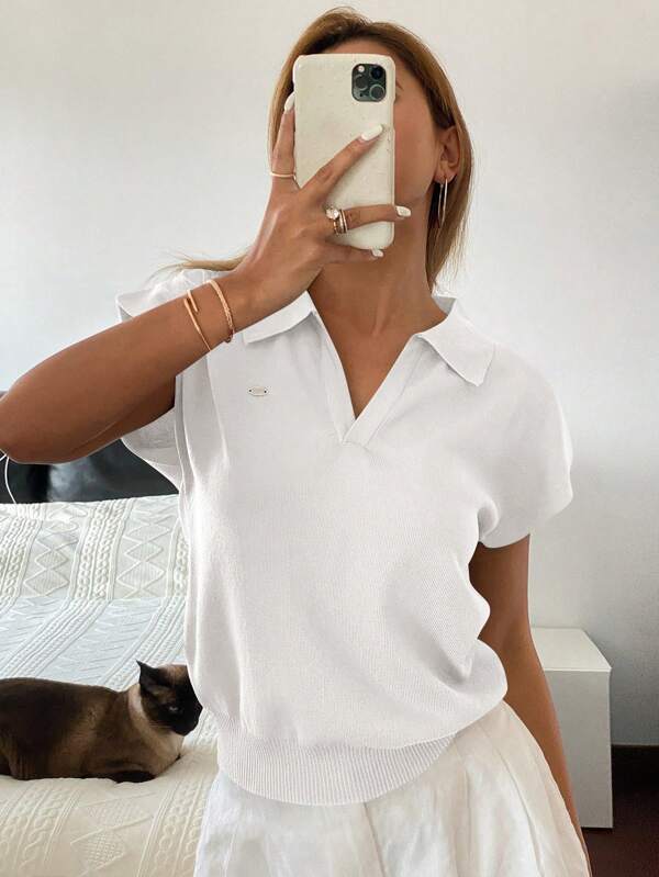 Livesso Pulover din tricot de culoare solidă, cu guler polo, pentru femei, ocazional pentru naveta primăvara/vara