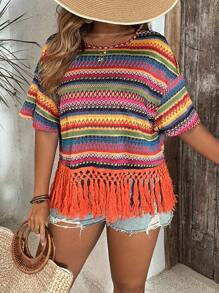 SHEIN VCAY Plus Size Women Colorful Stripe Round Neck Tassel Hem Loose T-Shirt - Multicolor - View 6