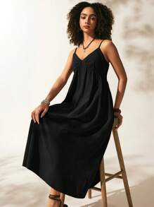 Easelle 寬鬆休閒v領度假風sundress - 黑色 - 查看 5