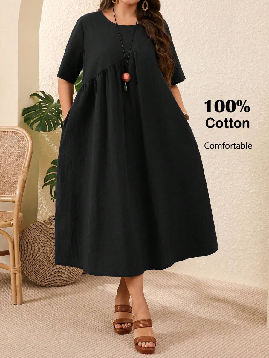 EMERY ROSE Vestido casual de talla grande para mujer de unicolor, cuello redondo, manga corta, con bolsillo y pliegues - Negro - Ver 1