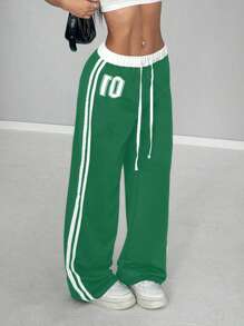 StreetHx 女式休闲运动宽松腰部印花缝线复古长款运动裤，春夏 - 綠色 - 查看 6
