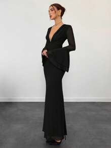 Aloruh Women's Solid Color Deep V-Neck Double-Layer Ruffle Flared Sleeve Fitted Long Mesh Dress, Autumn/Winter - Black - View 4