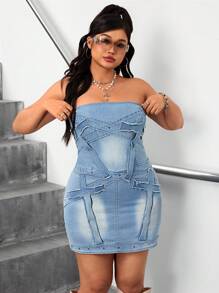 SHEIN ICON Plus Size Women Cross Applique Form-Fitting Denim Dress - Blue - View 6