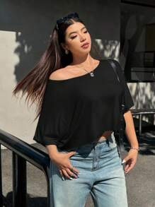 Muchica 黑色加大码短款休闲T恤